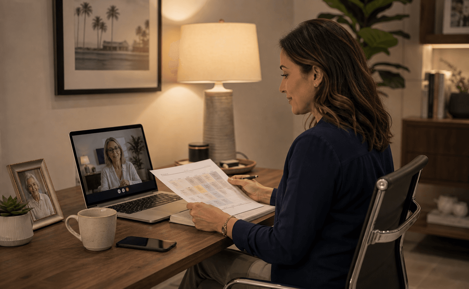 An adult daughter reviewing a home-care schedule during a video call